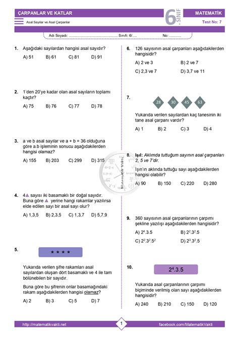 6 Sınıf Asal Sayılar Ve Asal Çarpanlar Testi PDF İndir Matematik Vakti