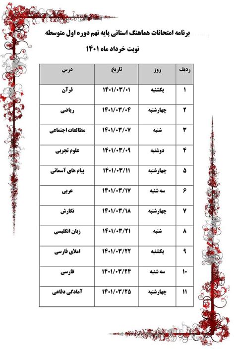 برنامه ی امتحانات نهایی پایه ی نهم سال تحصیلی 1401 1400