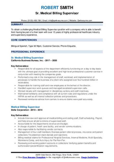 Medical Billing Supervisor Resume Samples Qwikresume