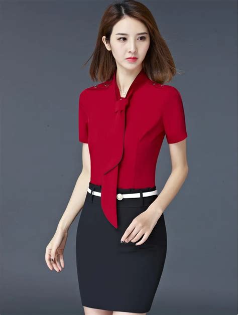 Elegant Red Slim Fashion Summer Business Suits With 2 Piece Blouses And