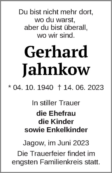 Traueranzeigen Von Gerhard Jahnkow Trauer Nordkurier