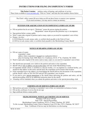 Fillable Online Nccourts INSTRUCTIONS FOR FILING INCOMPETENCY FORMS