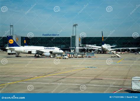 Frankfurt Airport Tarmac Runway With Fleet Of Lufthansa Aircraft Being