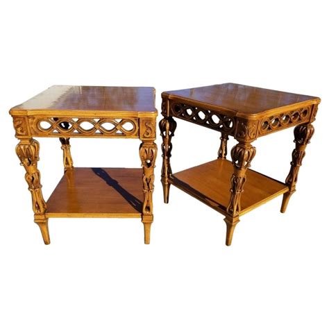 Pair Of Country French Provincial End Side Tables Marble Tops For Sale