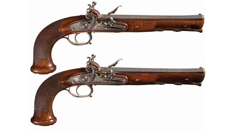 Pair Of Gold Inlaid Boutet Flintlock Officer Type Flint Pistols Rock