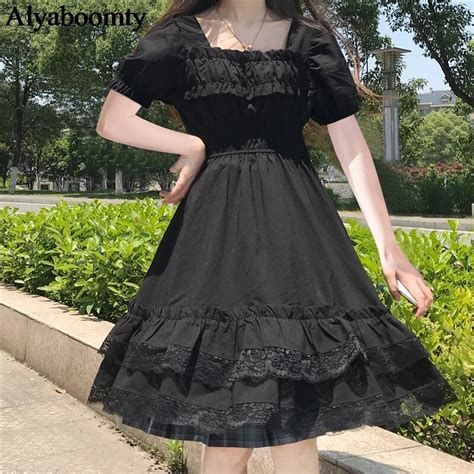 Japanese Harajuku Summer Women Black Mini Dress Square Collar High