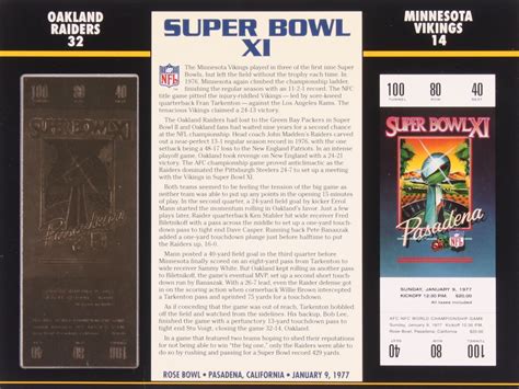 Commemorative Super Bowl Xi Card With Ticket Raiders Vs Vikings