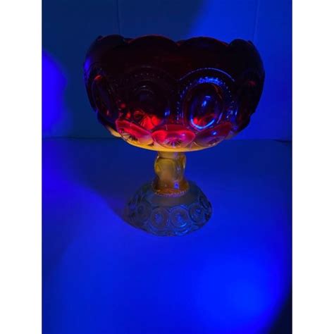 L E Smith Accents Vintage Le Smith Moon And Stars Glass Compote Pedestal Bowl Amberina 7