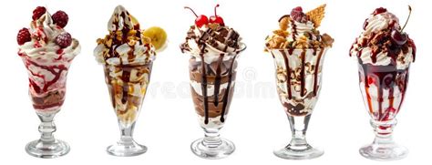 Collection Of Sundae Sundaes Milkshake Ice Cream Frozen Dessert In Tulip Glass Cup On