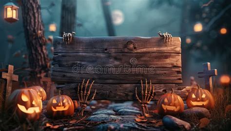 Creepy Graveyard With Pumpkins And Wooden Sign Stock Image Image Of Autumn Seasonal 315315631