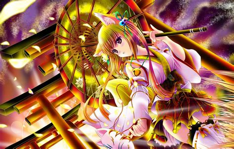 Wallpaper Grass Bright Colors Girl Umbrella Neko Art Aka Kitsune