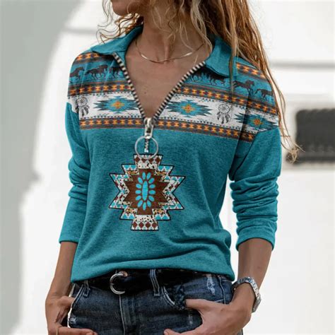 Women S Tops Autumn V Neck Zipper Aztecs Ethnic Printing Long Sleeve