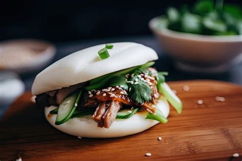 Premium Ai Image Bao Bun Filled With Juicy And Tender Pork Belly Topped With Sesame Seeds And