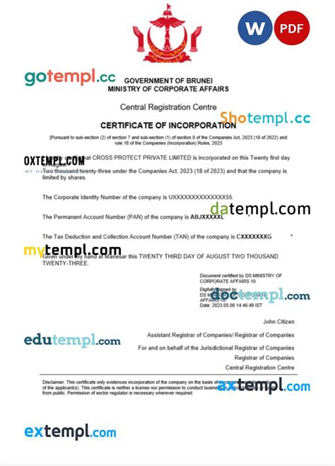 Brunei Business Registration Certificate Word And PDF Template