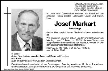 Traueranzeigen Von Josef Markart Trauer Bz