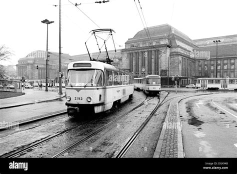 Tram In Front Of The Main Train Station Leipzig East Germany Gdr