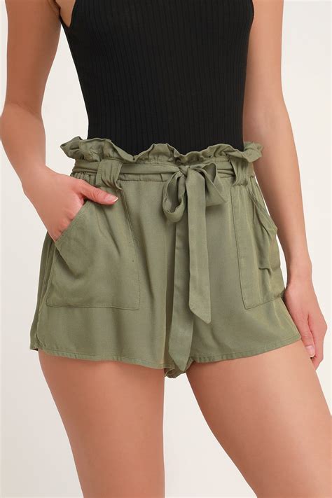 Belt It Out Olive Green Paper Bag Waist Shorts Green Shorts Outfit