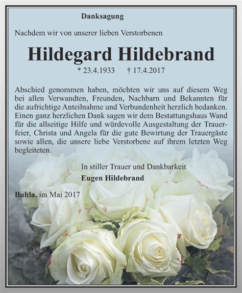 Traueranzeigen Von Hildegard Hildebrand Trauer In Thueringen De