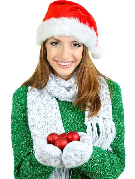 Hermosa Ni A Sonriente Con Juguetes De Navidad Aislado En Blanco Foto