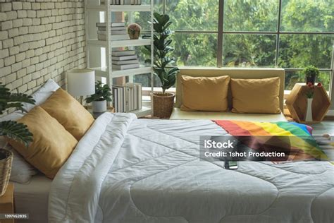 Empty Bedroom With Pride Flag Stock Photo Download Image Now Pride