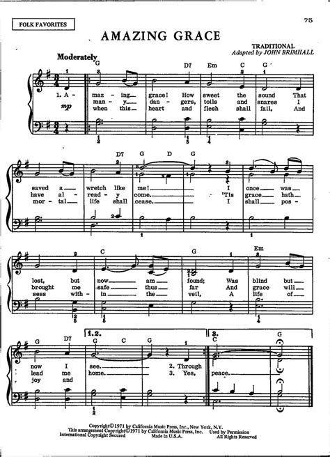 Amazing Grace Digital Hymn Sheet Music for Piano Organ Guitar Voice Key ...