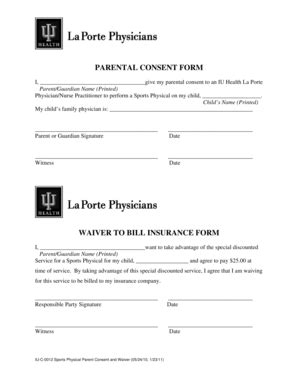 Fillable Online Iuhealth PARENTAL CONSENT FORM WAIVER TO BILL IU