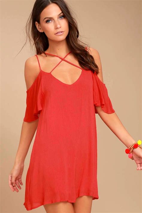 Cute Red Dress Shift Dress Cold Shoulder Dress Lulus