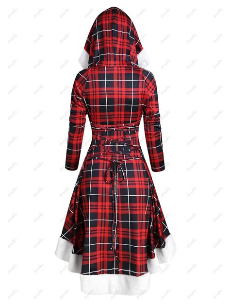 44 OFF 2022 Plaid Faux Fur Insert Hooded Lace Up High Low Dress In