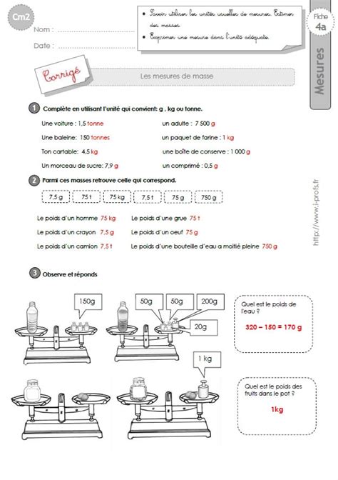 Cm2 Exercices Les Mesures De Masses