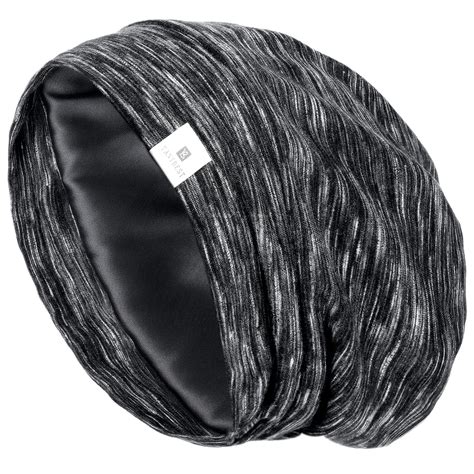 Yanibest Satin Lined Sleep Cap Black Cotton Slouchy Beanie Frizzy