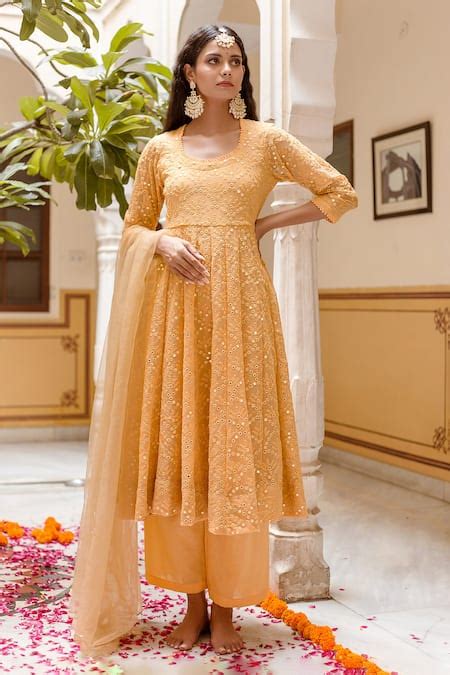 Buy Yellow Anarkali Georgette And Pant Cotton Embroidered Floral Damini