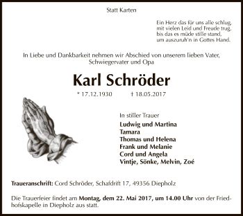 Traueranzeigen von Karl Schröder trauer kreiszeitung de