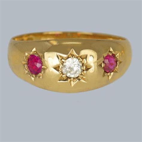 Antique Diamond And Ruby Trilogy Ring 18ct Gold Edwardian Gypsy Ring