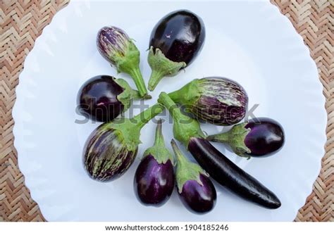 Three Different Variety Types Brinjals Called Stock Photo