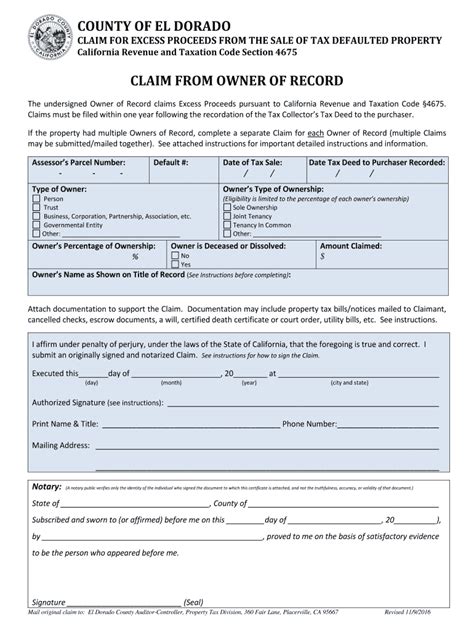 Fillable Online County Of El Dorado Claim From Owner Of Record Fax