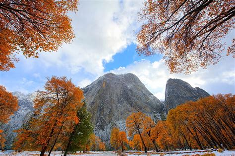 Autumn The Sky Leaves Clouds Snow Trees Mountains Ca Usa Hd