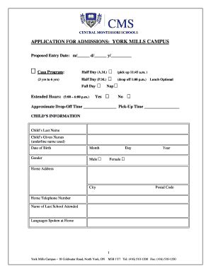 Fillable Online Application For Admissions York Mills Campus Fax Email