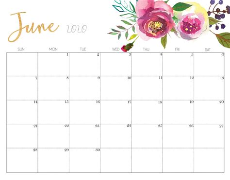 June 2020 Floral Calendar Cute Calendar Desktop Calendar Calendar