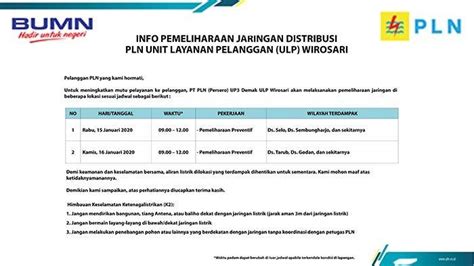 Info Pemeliharaan Jaringan PLN ULP Wirosari 15 Januari 2020