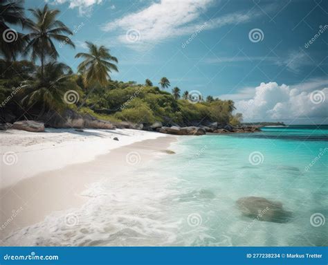 A Serene White Sand Beach With Turquoise Water And Palm Trees Created