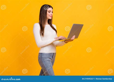 Profile Photo Of Optimistic Brunette Girl Write Laptop Wear White