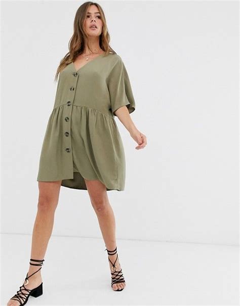 Asos Design V Neck Button Through Mini Smock Dress Asos Smock Dress