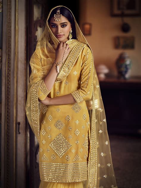 Mustard Yellow Organza Sharara Suit With Thread Foil Mirror Work And