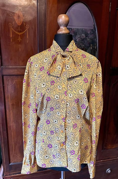 Vintage S Pussy Bow Blouse Mustard Etsy UK