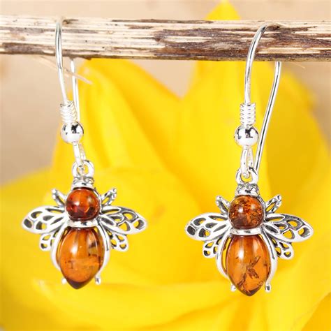 Amber Honey Bee Drop Earrings 925 Sterling Silver Genuine Etsy