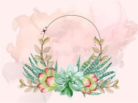 Colorful Frame With Leaves Succulent Plants Twigs And Cactus For