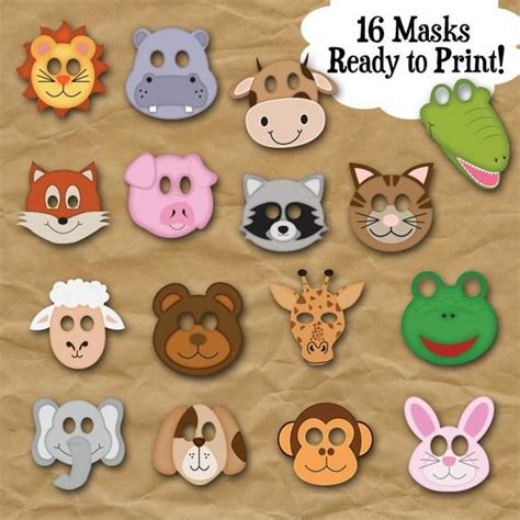 Animal Face Masks Photo Booth Props Printable Masks 16 Full Page Full