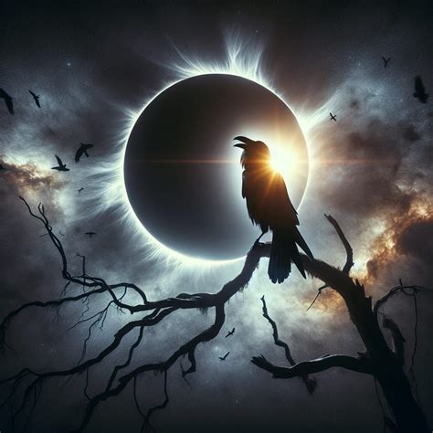 An Ominous Raven Perched On A Branch During A Solar Eclipse Scary