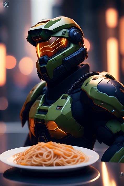 Lexica Master Chief Halo Eating Pasta By Wlop Ilya Kuvshinov