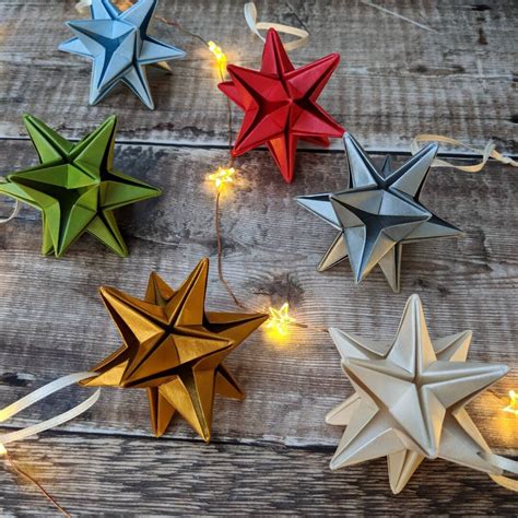 Set of 3 Origami Christmas Tree Star Decorations, Metallic Paper ...